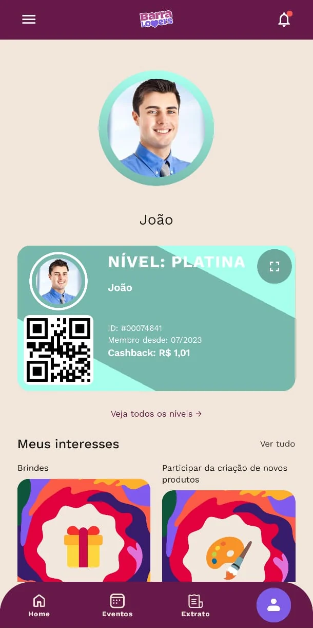 Tela de perfil do app Barra Lovers, com a carteirinha mostrando o nível do membro
