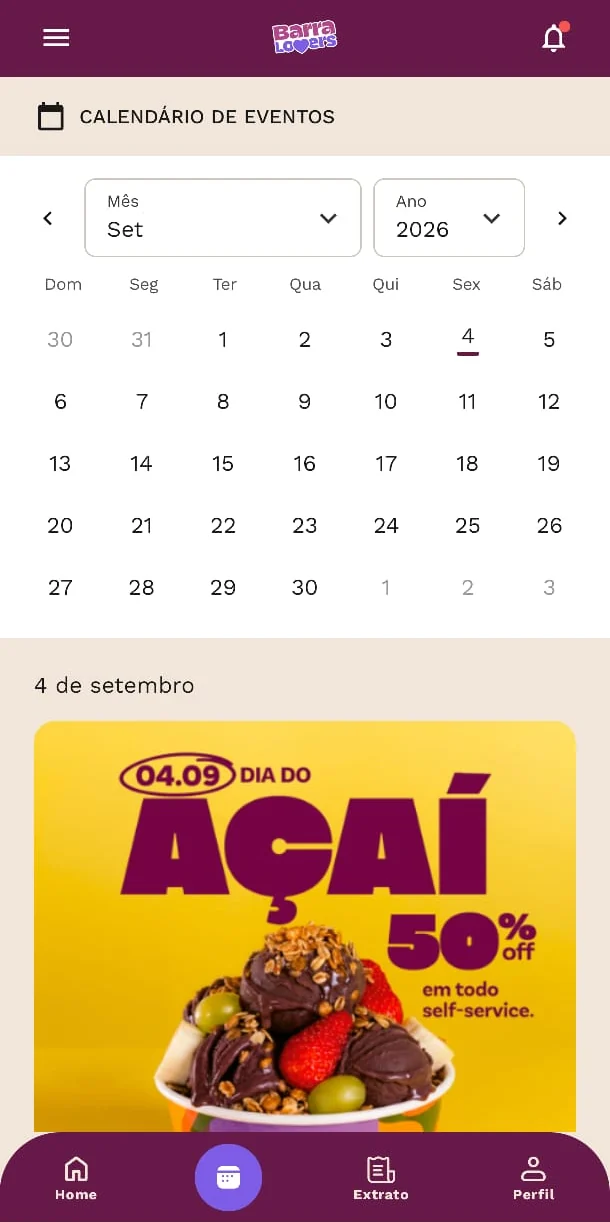 Tela de calendário de eventos do app Barra Lovers, com a promoção do Dia do Açaí