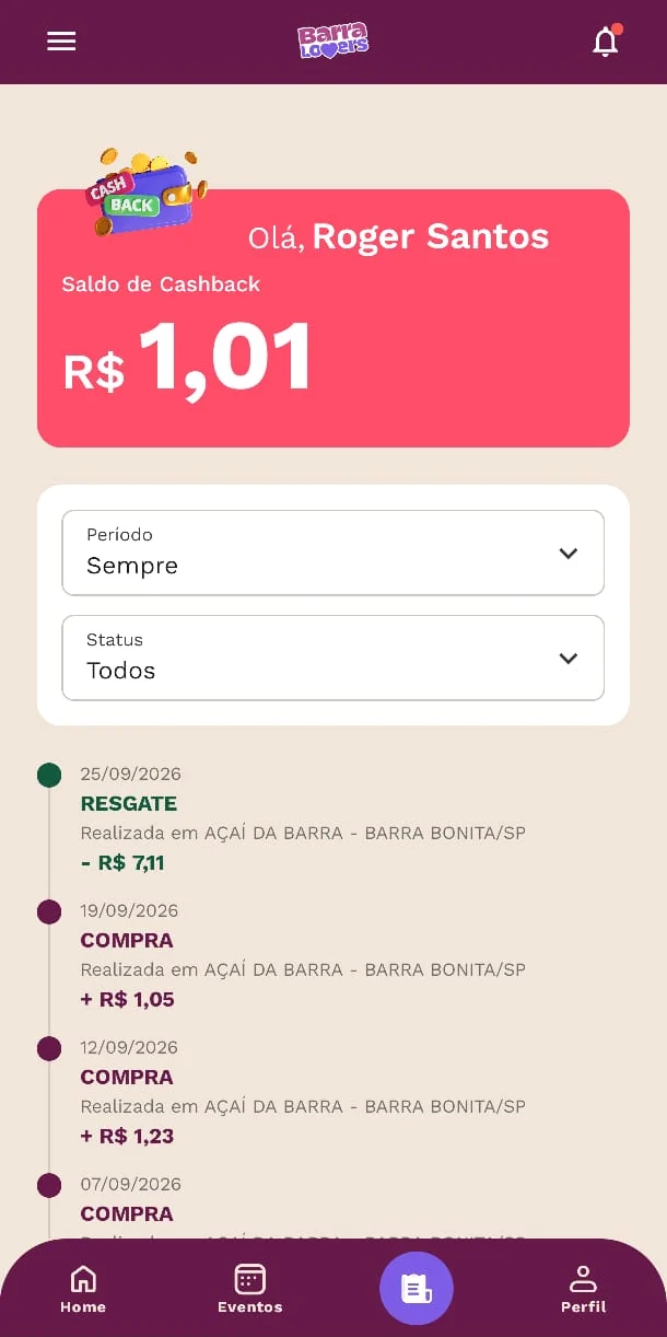 Tela de extrato do app Barra Lovers, com o saldo de cashback e o histórico de compras e resgates