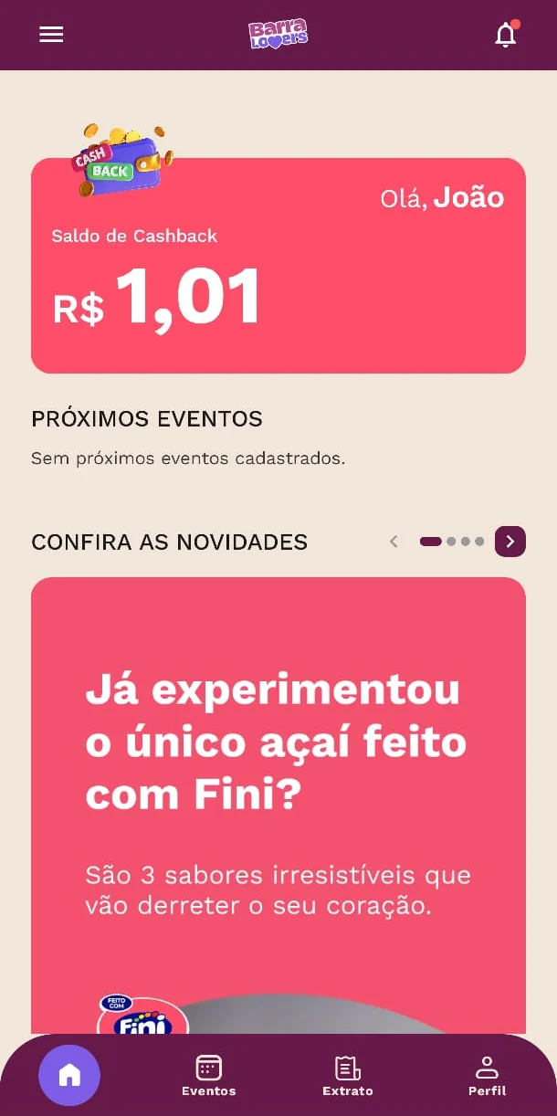 Tela inicial do app Barra Lovers, com o saldo de cashback, os próximos eventos e as novidades da rede